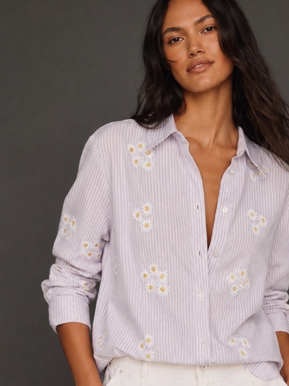 River Island Lavender Stripe Daisy Embroidered Button-Down Shirt